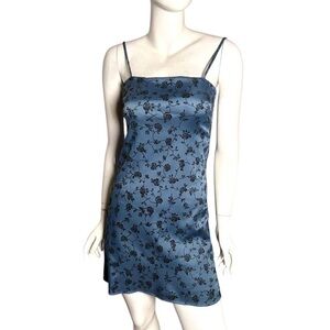 Vintage 90s Y2K Blue Floral Satin‎ velvet Slip Dress mini spaghetti strap